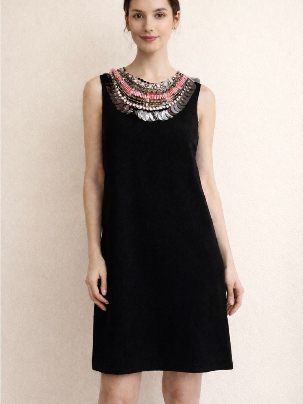 Opening Ceremony Black Shift Dress With‎ Beaded and Decorative Neckline 2